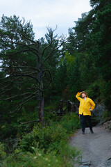 Obraz premium Caucasian mature man in yellow jacket enjoying nature on forest path Altay Russia