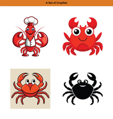 A whimsical collection of cartoon crabs and a crayfish chef character