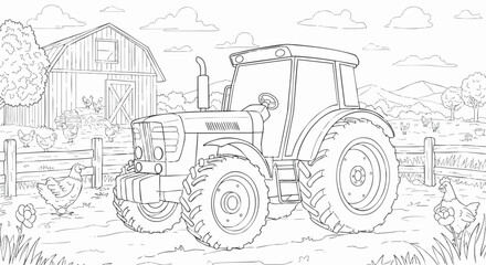 Farm tractor scene A detailed black and white illustration of a tractor with a barn and chickens © Abu El Mahfouz