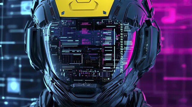 futuristic helmet with digital interface glowing in neon colors