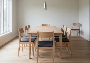 Fototapeta premium Modern minimalist dining room with a light wood table and chairs