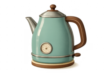 Light blue electric kettle with analog thermometer displaying boiling water temperature on transparent background