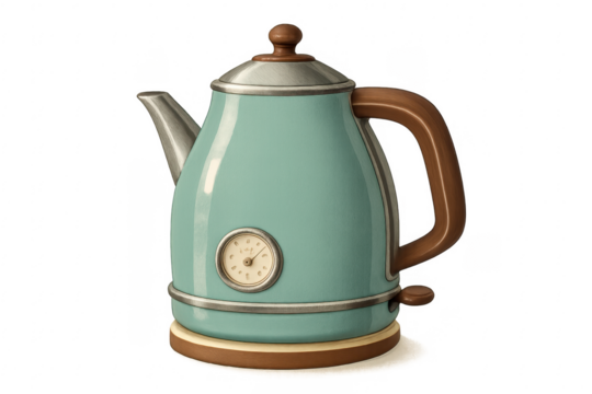 Light blue electric kettle with analog thermometer displaying boiling water temperature on transparent background
