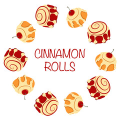 Autumn themed cinnamon rolls with cherries frame with text in flat style. Hand drawn vector illustration for banners, posters and social media graphics