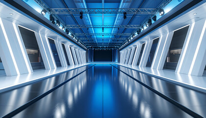 Futuristic Interior Hallway with Neon Blue Lighting and Reflective Floor Design