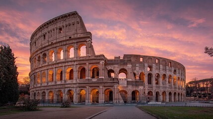 The Colosseum under a soft sunset glow radiates ancient grandeur bathed in warm, golden light.
