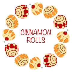 Cinnamon rolls with cherries circular frame for fall themed designs with text in flat style. Hand drawn autumn vector illustration for banners and cards
