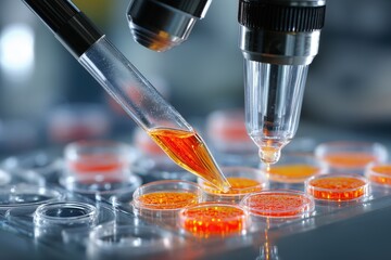 pipette transferring orange liquid into petri dishes under microscope