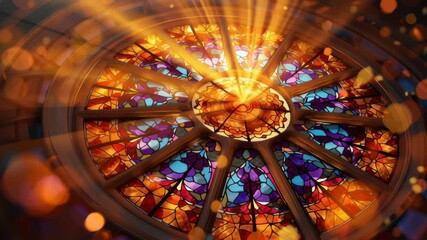 Vibrant stained glass window with sunlight rays. - Powered by Adobe