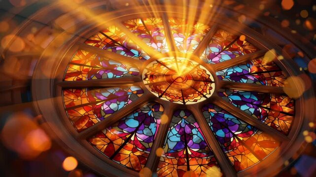 Vibrant stained glass window with sunlight rays.