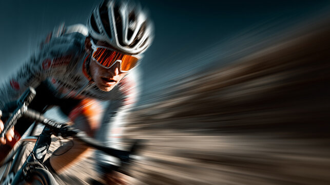 An extreme close-up photo of a cyclist racing, with the background artistically blurred to convey speed.

