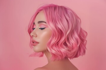 Trendy woman with short wavy pink hair, Side profile beauty portrait, Studio shot with pink background, Modern pastel aesthetic and vibrant hair color style