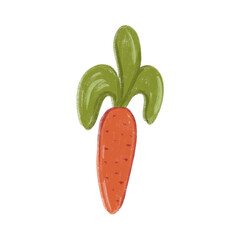 Bright orange carrot with green leaves displayed in a simple illustration style