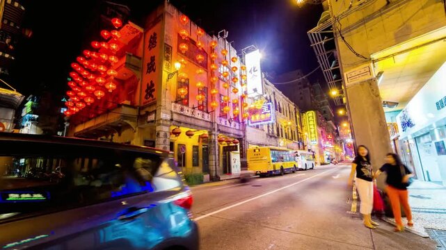 Street scene in georgetown, penang at night with illuminated buildings and lanterns