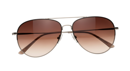 Stylish aviator sunglasses with gradient brown lenses and silver metal frame isolated on a clean Transparent Background for fashion and accessory concepts