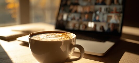 The coffee cup beside a laptop during a cozy remote video conference morning