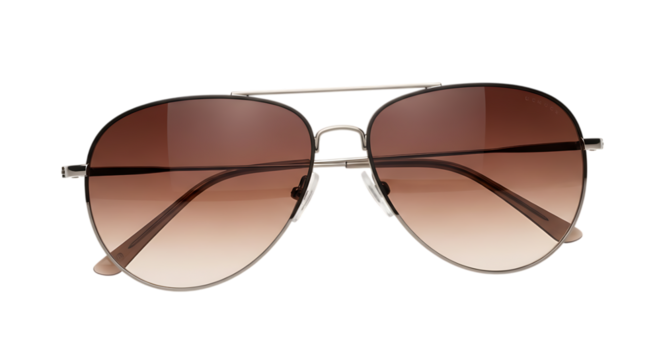 Stylish aviator sunglasses with gradient brown lenses and silver metal frame isolated on a clean Transparent Background for fashion and accessory concepts