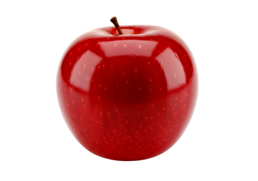 Hyper-realistic 3D red apple, shiny glossy apple isolated on white, 4K glowing fruit render PNG, photorealistic food illustration, ultra HD apple with shadow