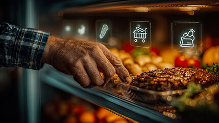 Man in plaid shirt selects food tray in display with digital selection icons. Generated with AI