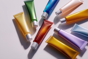 Colorful assorted cosmetic tubes on white background for skincare and beauty products