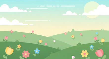 Spring Meadow Landscape Colorful Flowers and Rolling Hills