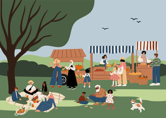 Illustration of a vibrant outdoor farmer market and picnic scene in a green park. Families, seniors, children and vendors enjoy autumn day together. Flat vector illustration.