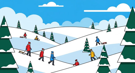 Winter Recreation Scene with People Sledding Down Snowy Hills Amidst Pine Trees