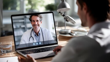 Telehealth: A patient consults with a doctor remotely via laptop screen, showcasing modern healthcare and communication technology.