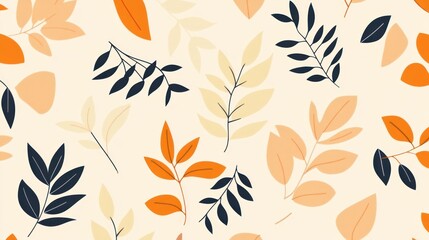 Seamless autumnal pattern with orange, beige, and dark blue leaves and branches on a cream background.