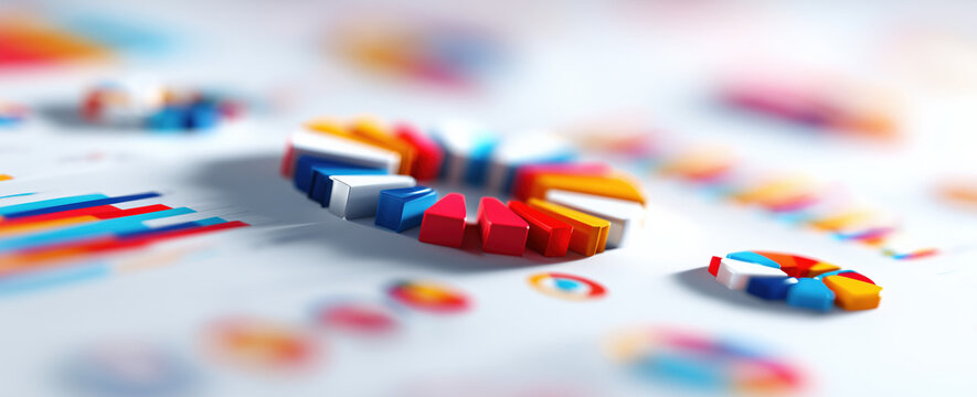 Colorful 3D pie chart and bar graph on white background. Modern business infographic design and financial data visualization concept