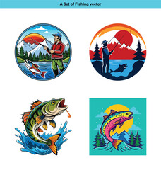 Obraz premium Four illustrations showcasing the art of fishing in various cartoonish styles