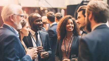 Networking event with professionals conversing over drinks, fostering connections and collaborations in a modern, elegant environment.