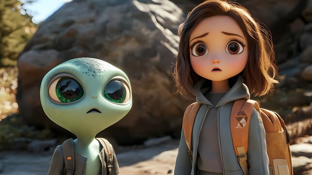 Animated movie scene featuring girl and alien friendship in the forest with backpacks and big eyes