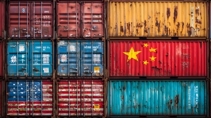 Fototapeta premium Shipping containers stacked with USA and China flag painted on them suggesting economic exchange, trade, and global interdependence