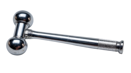 A shiny silver metal massage tool with spherical ends laying on a black background in a studio shot