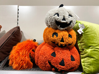 Plush pumpkin decorations for Halloween display