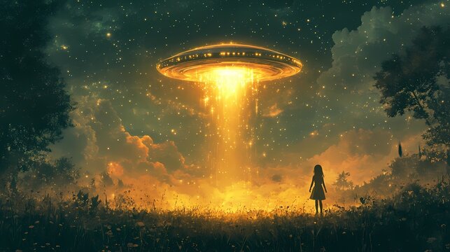 Ufo sighting illustration: girl watches alien spaceship landing in fantasy landscape art scene
