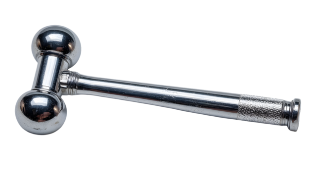 A shiny silver metal massage tool with spherical ends laying on a black background in a studio shot