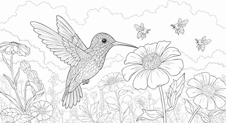 Hummingbird and Flowers Coloring Page Detailed Illustration for Adults
