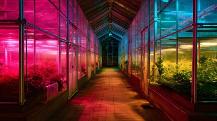 Vibrant greenhouse interior with colorful illumination, showcasing diverse plant life and structured architecture.