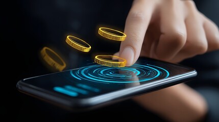 Digital finance: Hand interacting with virtual gold coins on a smartphone, representing online payments and financial technology.