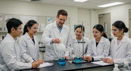 Science teacher and students in a lab with beakers and gas