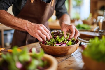 Creating a colorful seasonal salad from fresh garden ingredients in a rustic kitchen