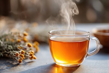 Fototapeta premium Healthy herbal tea steaming in a transparent cup during a peaceful afternoon moment