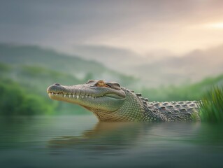 Naklejka premium Large crocodile emerging from calm water, surrounded by lush greenery and misty mountains, showcasing the beauty of wildlife in a serene natural habitat