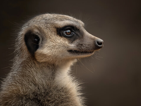 Close-up portrait of a meerkat with expressive eyes and detailed fur, showcasing its unique features against a soft blurred background, highlighting its curious nature - Powered by Adobe