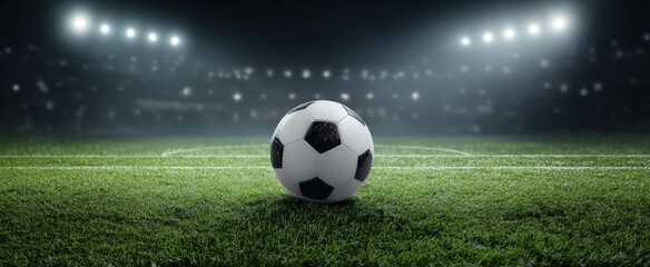 Fototapeta premium The Soccer Ball on a Floodlit Stadium Pitch Under Dramatic Night Sky