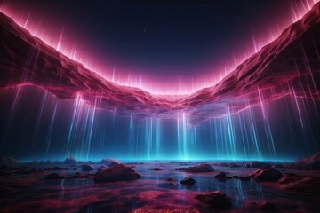 abstract neon background glowing plasma pink blue vertical rays aurora borealis phenomenon