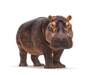 Naklejka premium Realistic 3D illustration of a hippopotamus standing on a white background, showcasing its unique features and textures, emphasizing the animal's size and character in a playful manner