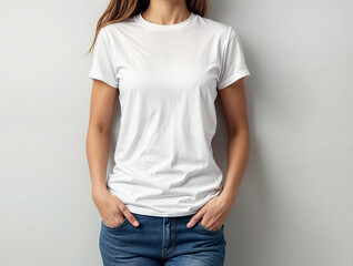 Obraz premium Individual in white tee and denim against plain backdrop. Perfect for product mockups, fashion blogs, and minimalist content. Represents clean, versatile style